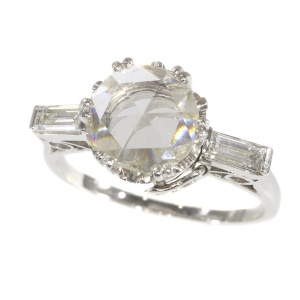 Vintage Fifties large rose cut diamond platinum engagement ring Art Deco inspired